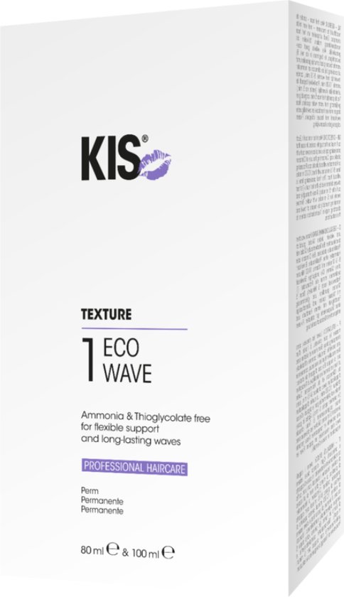 Witte verpakking met KIS logo, 'TEXTURE ECO WAVE' en 'PROFESSIONAL HAIRCARE Perm Permanente'.