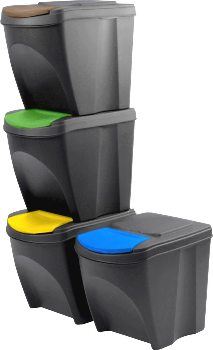 Goedkoopste Set van 4 Vuilnisemmers voor Afvalscheiding | Stapelbaar en Ruimtebesparend | 100 Liter (4 x 25 l) | Zwart | Voor Gebruik Binnenshuis