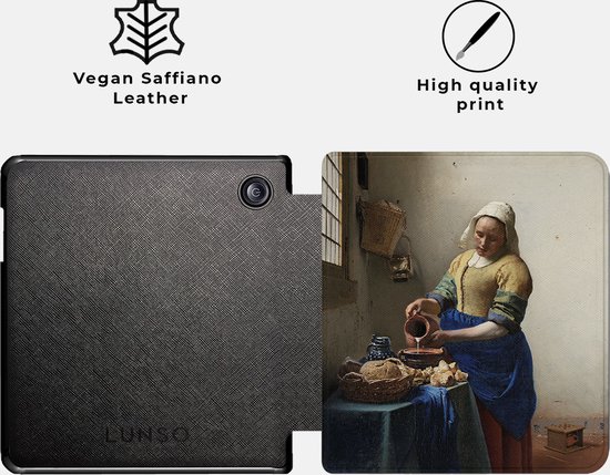 Lunso Geschikt voor Kobo Libra Colour hoes (7 inch) - Vegan Saffiano Leren sleepcover - Vermeer Melkmeisje van Lunso — afbeelding 3