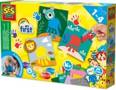 SES - My First - Vingerverf handafdruk dieren - 4 kleuren - met 16 vingerverf kaarten en stickers - hypoallergeen - makkelijk uitwasbaar