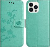 Coverup Hoesje - Geschikt voor iPhone 16 Pro Hoesje - Coverup Bloemen & Vlinders Book Case - Mintgroen