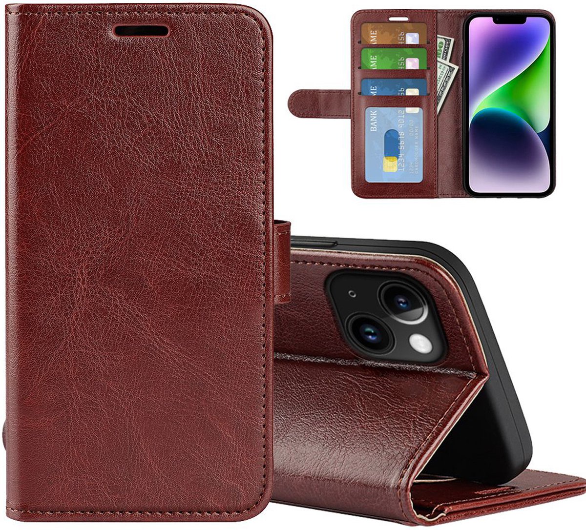 MobyDefend Hoesje - Geschikt voor iPhone 15 - Wallet Book Case (Sluiting Achterkant) - Bruin