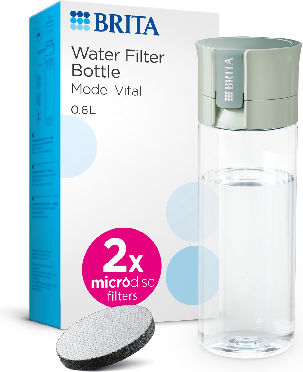 BRITA - Drinkfles VITAL voor Volwassenen - 0,6L - Lichtgroen - inclusief 2 MicroDisc Brita Filterpatronen - Ideaal voor Drinkflessen