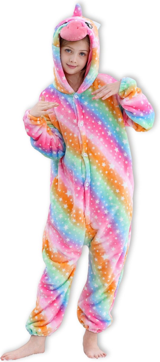 BoefieBoef Dieren Onesie Verkleedkleding Kinderen 5-9 jaar – Comfortabele Kostuum Pyjama – Maat 120 tot 140 – Dierenpak voor Jongens en Meisjes – Carnaval Verkleedkleding - Kerst, Dierenpak - of Verjaardag Cadeau - Eenhoorn Regenboog