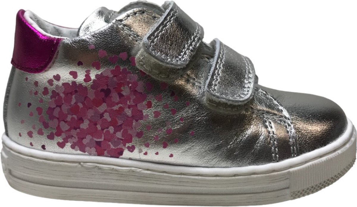 Falcotto - Corrason - Mt 19- Velcro roze hartjes lederen sneakers - zilver/fuchsia