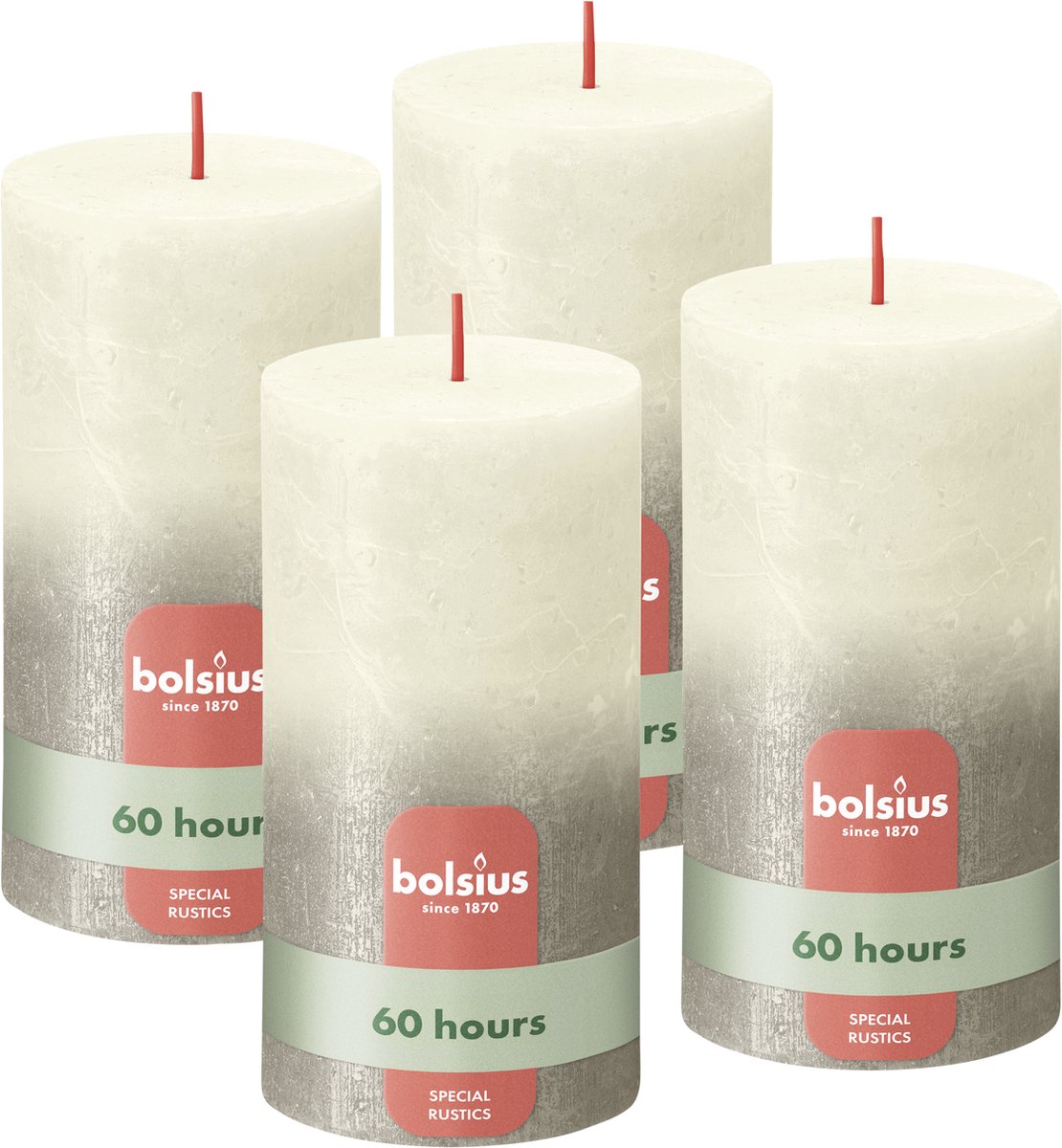 Bolsius Rustieke kaars Shimmer - 4 stuks - Fading Metallic Ivoor & Champagne Zilver - 13cm - 60 branduren Metallic Ivoor & Zilver