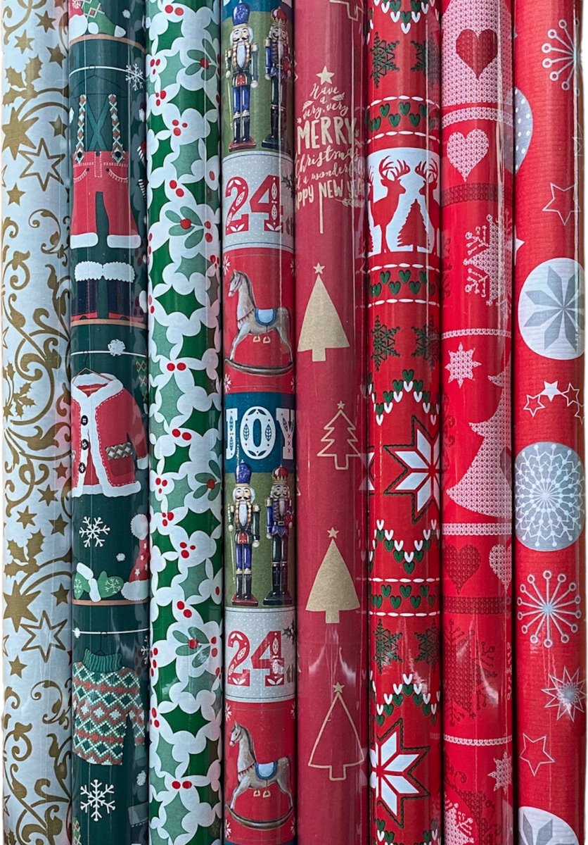 FESTIVE GIFTS Inpakpapier - Cadeaupapier - 200 x 70cm - 8 rollen - Kerst - Luxe Cadeauverpakking - Kleurrijk