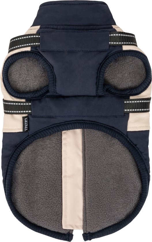Hondenjas van binnenuit, marineblauw met beige panden en grijze fleece voering. Met verstelbare banden.