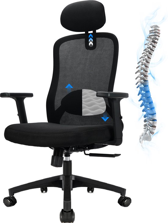 Durrafy Bureaustoel - Ergonomische Bureaustoel – Verstelbare Hoofdsteun, 4D Lendensteun, 90°-130° Kantelbare Rugleuning (Vergrendelbaar), 150 kg Draagvermogen, Comfortabel en Duurzaam – Perfect voor Thuiswerken en Kantoor