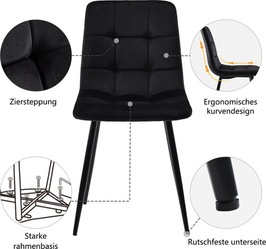 Eetkamerset  5-delig , Klaptafel 150/180x80x75 Cm Met 4 Zwarte Fluwelen Stoelen Wit Mdf Blad Zwarte Metalen Poten