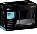 TP-Link Archer BE230 Dual-Band Wi-Fi 7 Router in het zwart met vier externe antennes. De doos toont "Wi-Fi 7" en "BE3600".