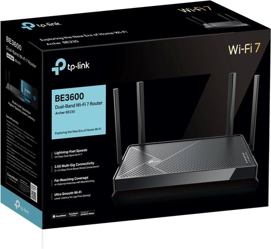 TP-Link Archer BE230 Dual-Band Wi-Fi 7 Router in het zwart met vier externe antennes. De doos toont "Wi-Fi 7" en "BE3600".
