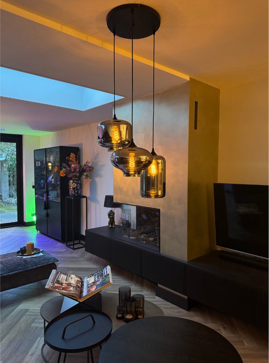 Hanglamp 3-Lichts Mix | Rookglas | Industrieel | Woonkamer | Eetkamer | Smoke | Zwart