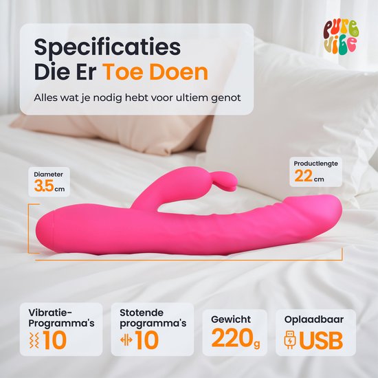 Roze vibrator liggend op een wit laken met specificaties zoals productlengte 22cm en diameter 3.5cm.