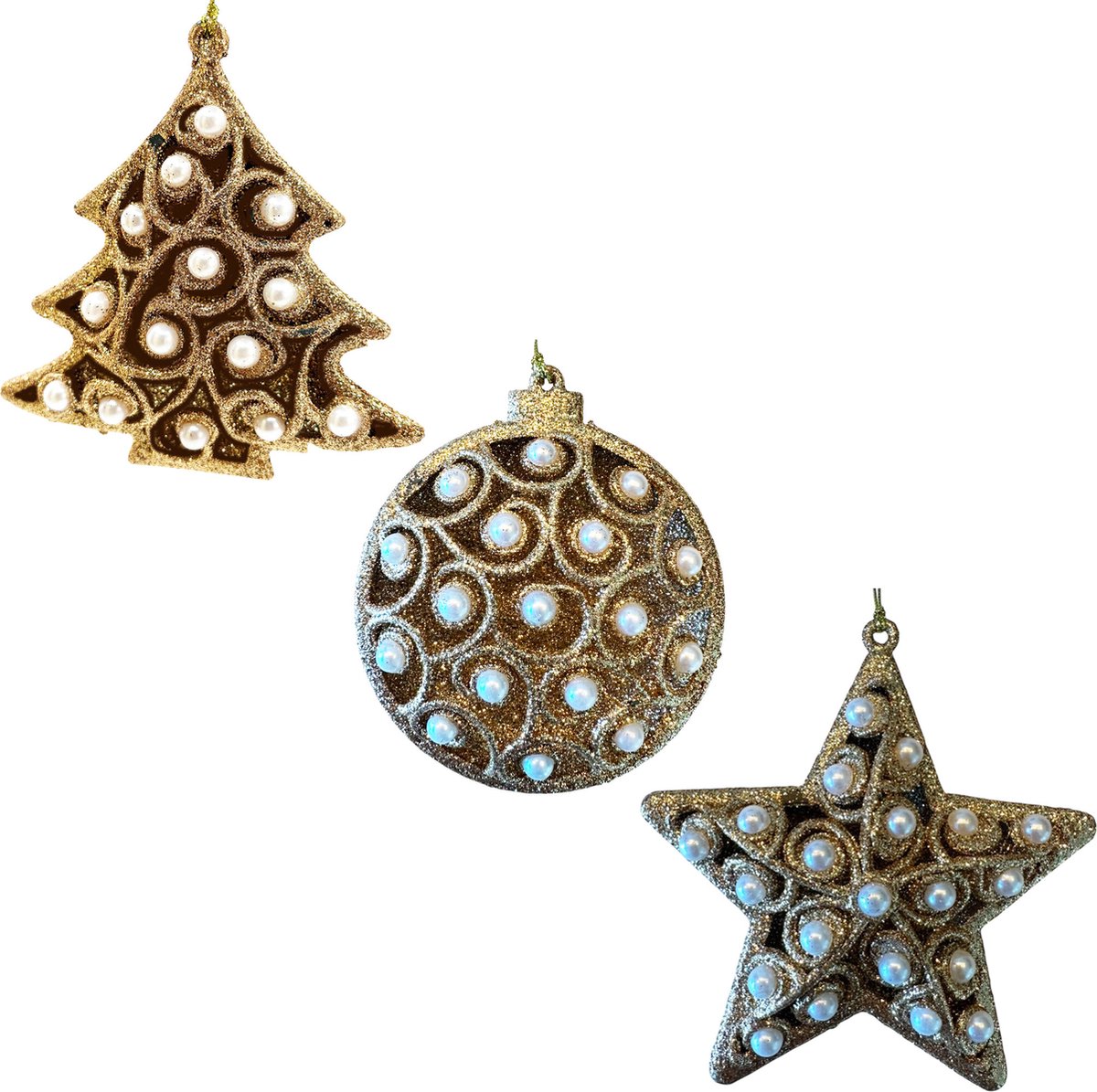 HEM Warm Goud Handgemaakte Kerstornament set - Kerstballen - Kersthanger - Kerstversiering - Klassieke kerstversiering - Kerstboom - Ster - Bal met Parels en Glitters opengewerkt