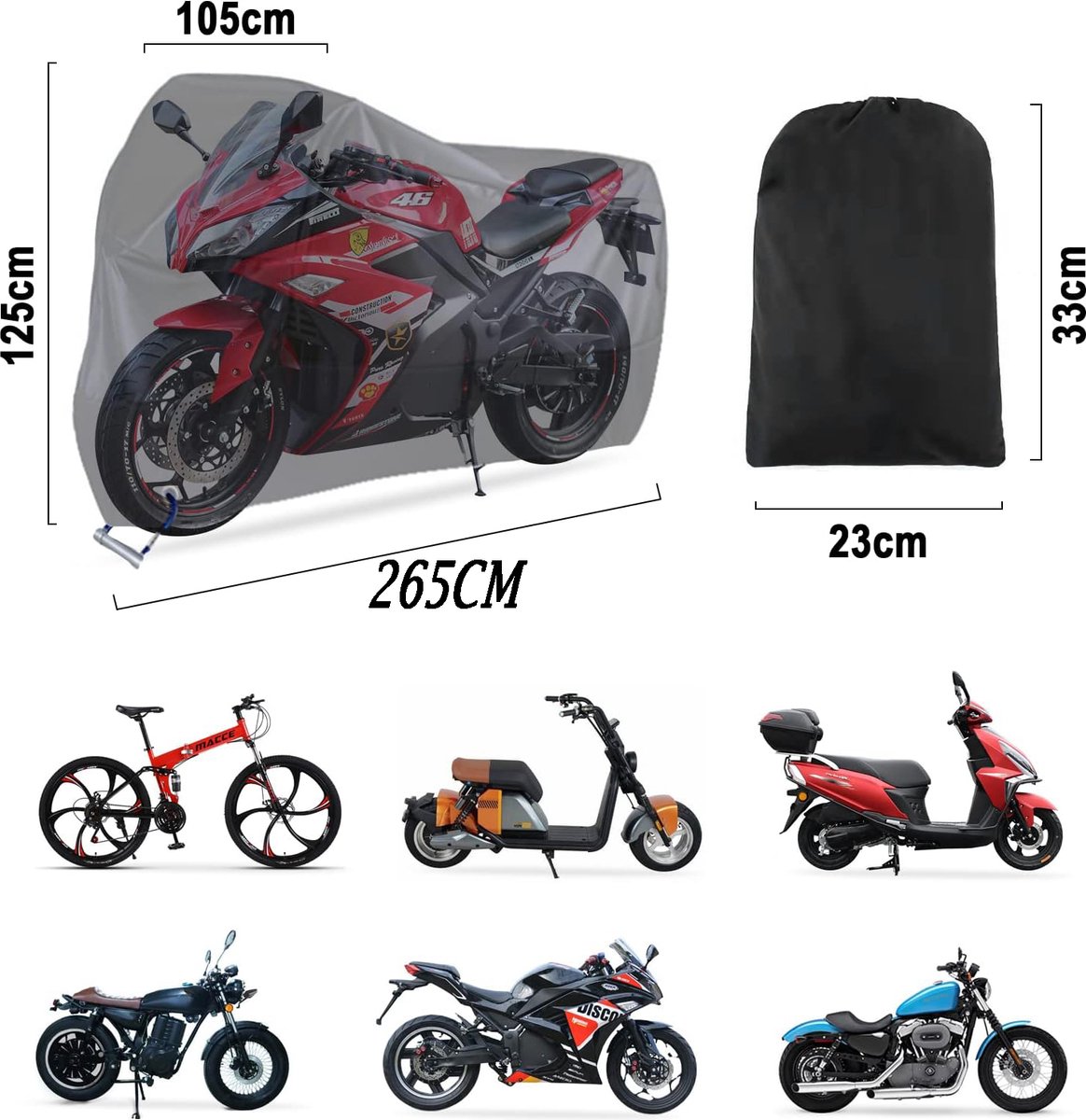 Scooterhoes - Motorhoes Universeel - Waterdicht 300D Oxford - Incl. opbergzak - 265 x 105 x 125 CM - voor alle Scooters / Motors - Geschikt voor Binnen en Buiten - anti-stof/uv – foto 2
