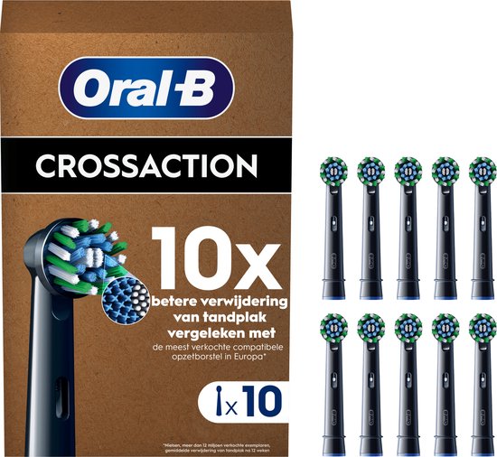 Oral-B CrossAction verpakking met 10 zwarte opzetborstels, elk met blauwe, witte en groene borstelharen.