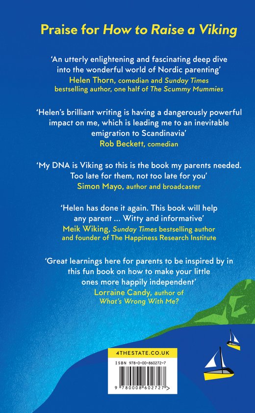 Achterkant van het boek 'How to Raise a Viking' met lovende recensies en een illustratie van twee zeilboten op zee.