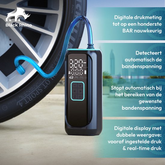 Black Rhino Elektrische Fietspomp - Compacte Draadloze Luchtpomp 150 PSI Met Drukmeter, 2400mAh & 15L/min