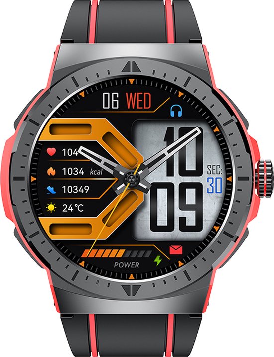 Zwarte smartwatch met rode accenten, metalen kast en AMOLED scherm met sportgegevens.