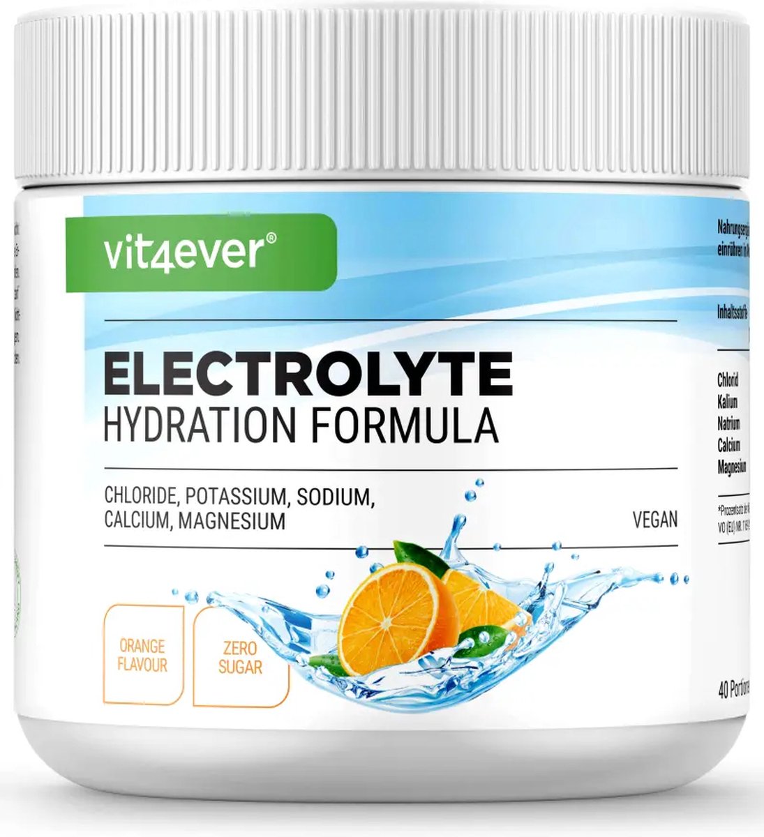 Goedkoopste Elektrolyten - 200 g (40 porties) - Hydratatieformule met chloride, kalium, natrium, calcium, magnesium - Perfect voor sporters met vochtverlies - Zonder suiker - Veganistisch - Sinaasappelsmaak - Vit4ever