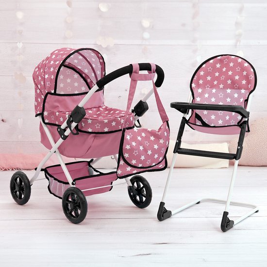 Roze poppenwagen en kinderstoel met witte sterrenprint. Inclusief tas en opbergmand.