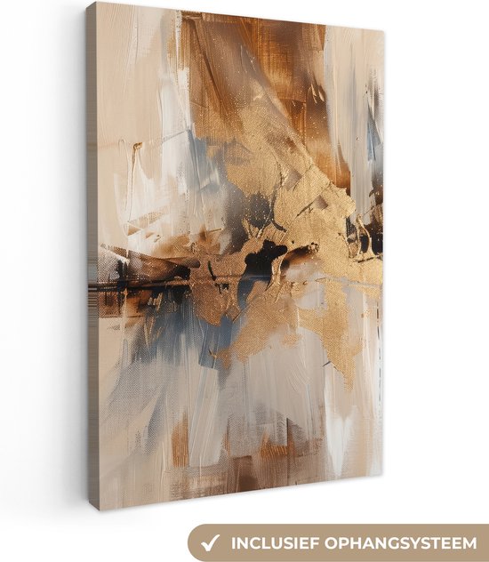 Tableau abstrait sur toile aux tons brun-doré, avec le texte 'Système de suspension inclus'.
