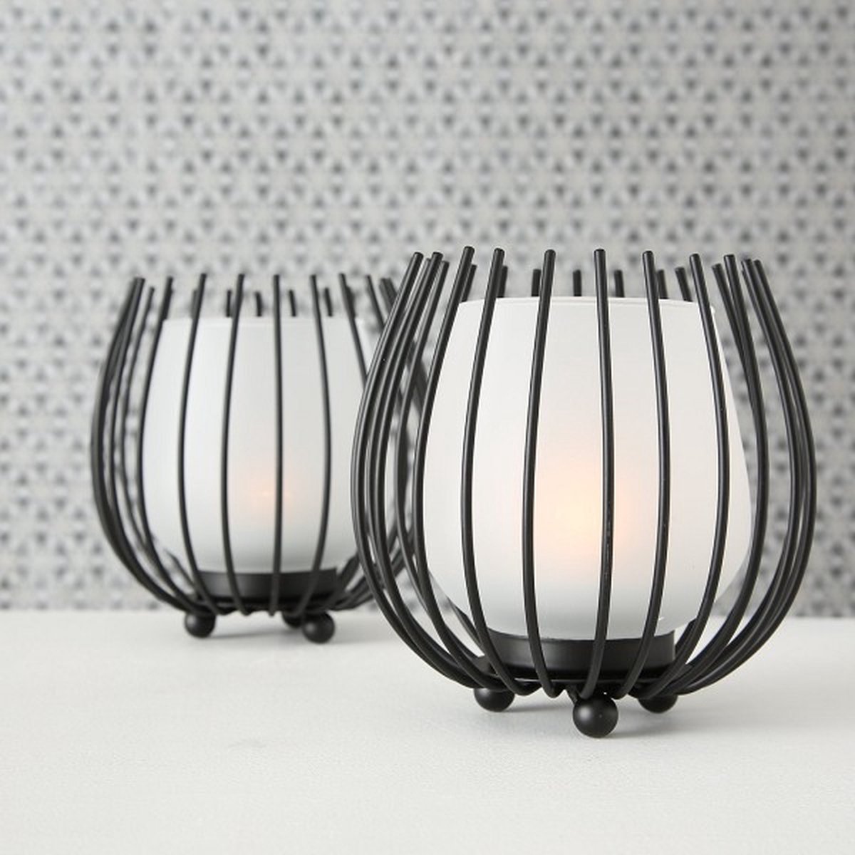 Windlichtset Zwart / Wit (2-delig) - Metaal Glas - Sfeerverlichting - Industrieel - Boltze Home - Ø12xH12cm