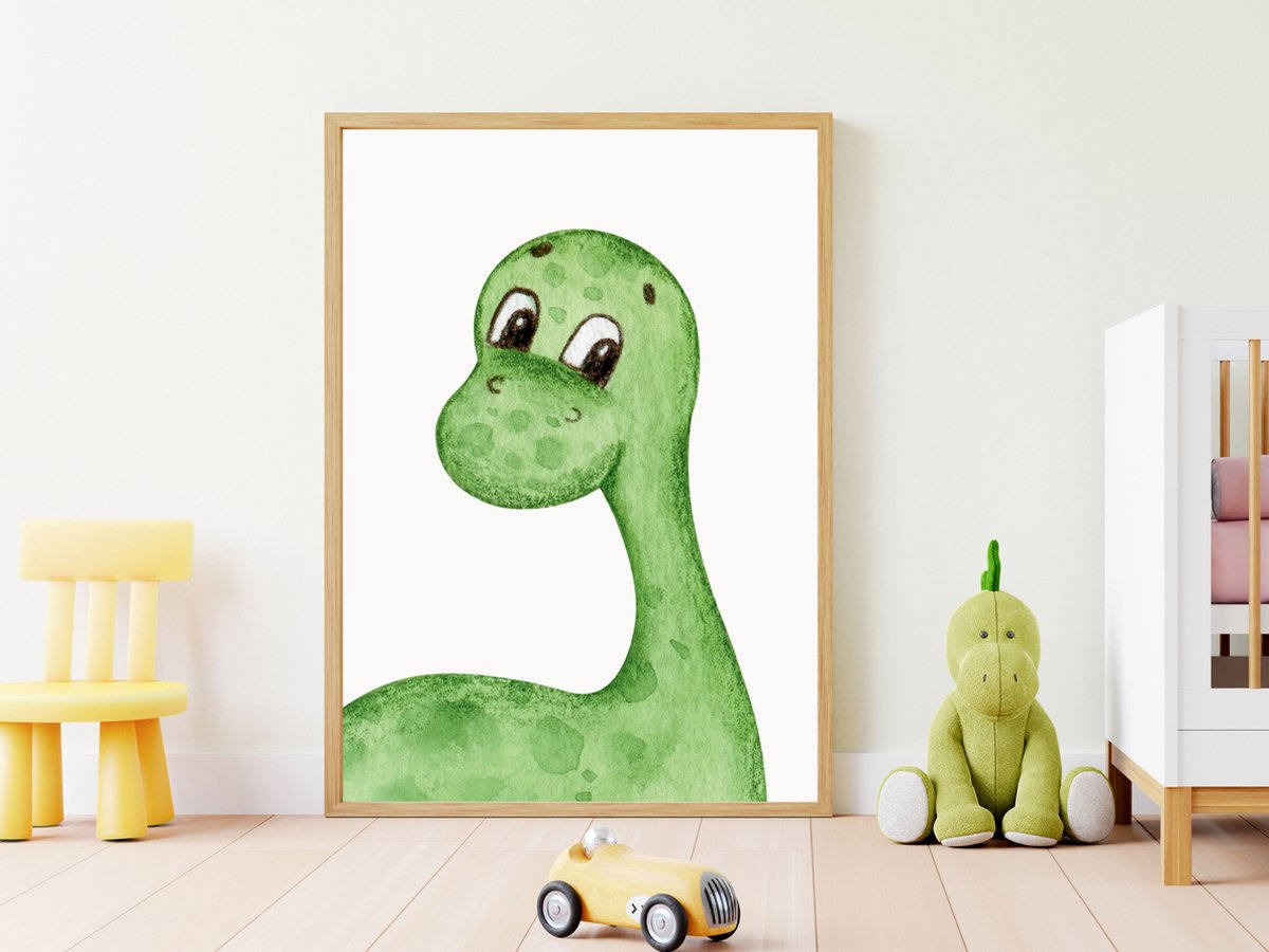 A4 Poster Kinderkamer - Groene schattige lachende Dino - Babykamer Decoratie - Dinosaurus Thema