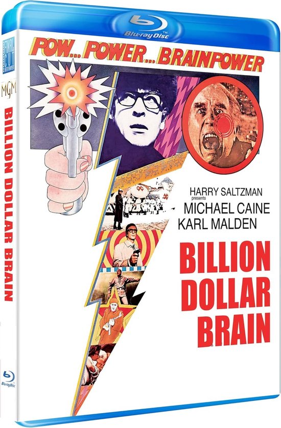 Blu-ray cover voor Billion Dollar Brain met de tekst 'POW... POWER... BRAINPOWER' en afbeeldingen van Michael Caine en Karl Malden.