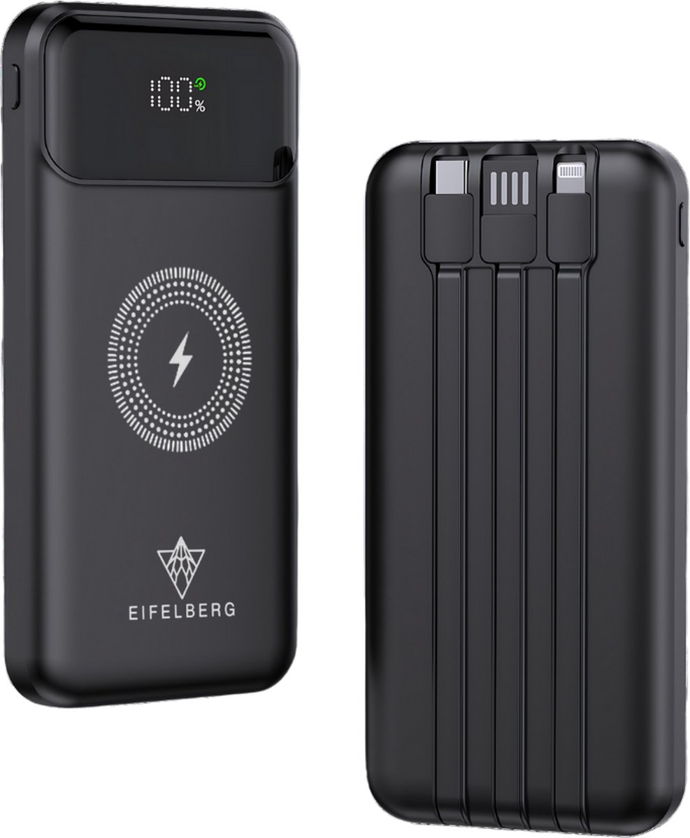 EifelBerg® Draadloze Powerbank - 20000 mAh - 22.5W Snellader - Ingebouwde kabels - LED display - Quick Charge - Geschikt voor o.a Apple iPhone & Samsung - Zwart