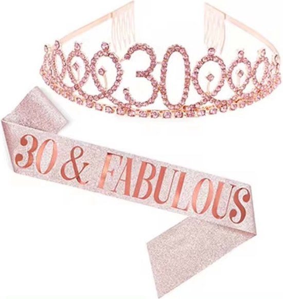 Snoes 30 et Kroon Fabulous avec ceinture Glitter | Décoration d'anniversaire | Rose et Or | Diadème adultes