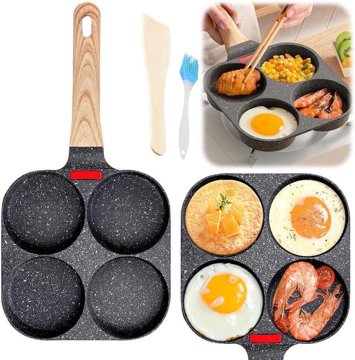 Pannenkoekenpan met inductie - Pannenkoekenpan met 4 gaten - Eierpan voor spiegelei - Anti-aanbak aluminium pan voor hamburgers en steaks - Geschikt voor inductiekookplaat