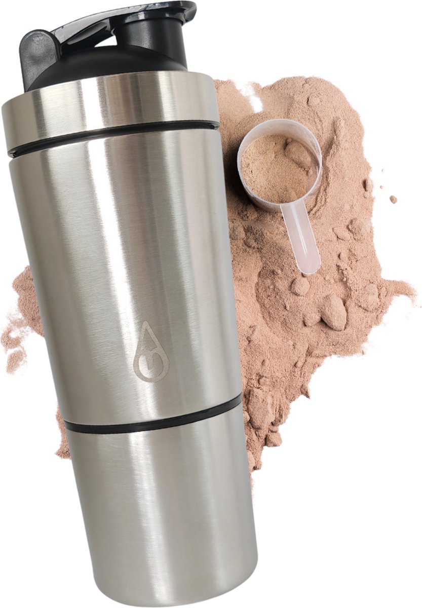 RVS Shakebeker met poedercompartiment - Motivai® - Zilver - Shaker - 2 delige shaker - 600ml - Motivatie Waterfles - Voor het maken van Shake's - Thermo Shakebeker - Ook voor supplementen - extra compartiment van 200g - met shakebal