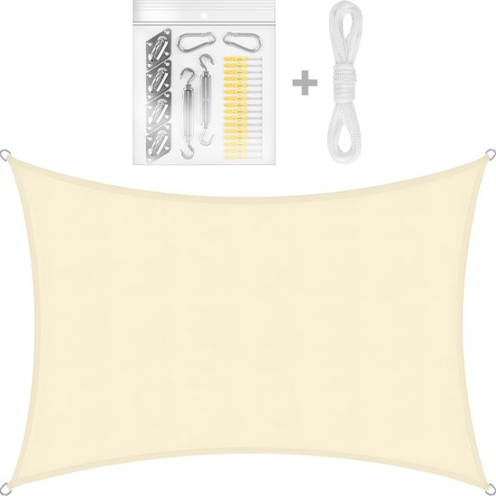 Beige rechthoekig schaduwdoek met montageset en wit touw.