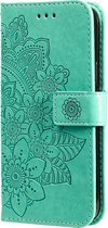 Hoesje geschikt voor iPhone 16 Pro Max - Bookcase - Pasjeshouder - Portemonnee - Bloemenprint - Kunstleer - Turquoise