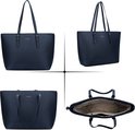 Quatre vues d'un sac fourre-tout bleu marine : avant, côté, arrière et intérieur ouvert.