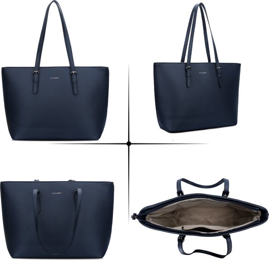 Quatre vues d'un sac fourre-tout bleu marine : avant, côté, arrière et intérieur ouvert.