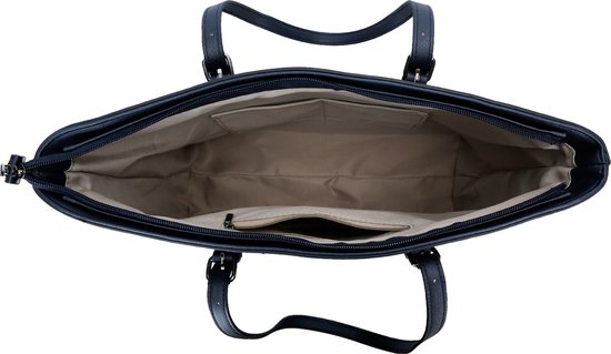 Sac fourre-tout bleu marine ouvert avec une doublure beige et des compartiments intérieurs.