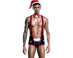 Erotische kerstman outfit - Jumpsuit - Kerstmuts - Strikje - Rollenspel - Kerst