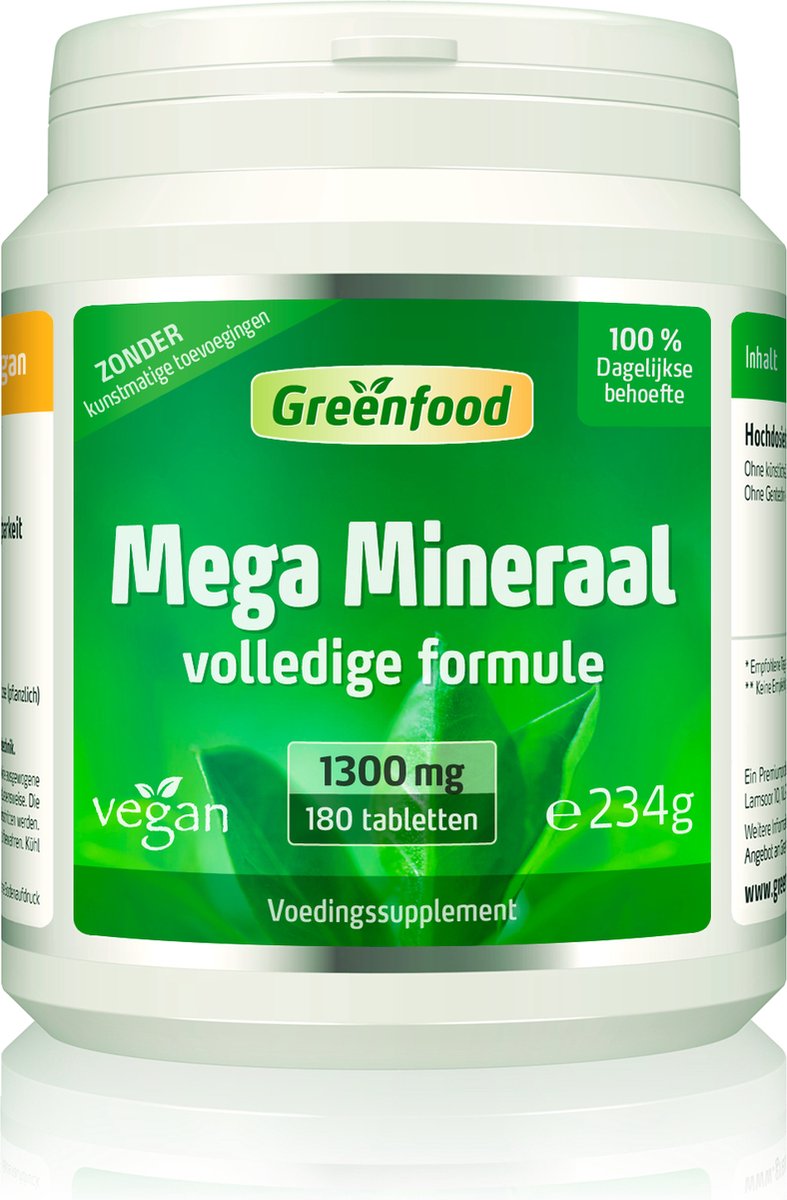 Goedkoopste Greenfood Mega Mineral, 1300 mg, hoge dosis, 100 dagelijkse behoefte, 180 tabletten - Zonder kunstmatige toevoegingen, zonder genetische manipulatie. Veganistisch.