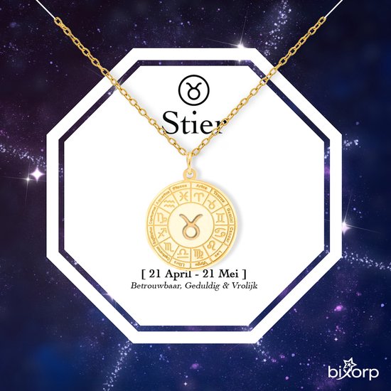 Bixorp Collier Signe du Zodiaque Étoiles Taureau / Taurus - Médaillon en Acier Inoxydable Plaqué Or - Collier 45 cm avec Pendentif Zodiac - Emballage Cadeau Inclus