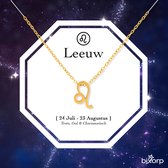 Gouden ketting met leeuw-symbool, opgehangen tegen een sterrenhemel achtergrond.
