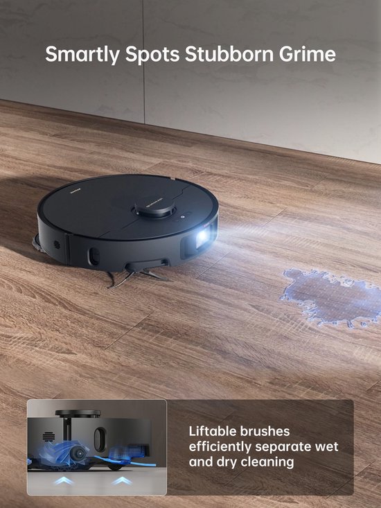 Zwarte robotstofzuiger met licht op een houten vloer, spottend vuil.