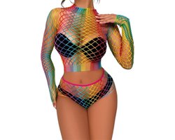 Cover-up Rainbow visnet Topje en Short - Sexy kleding voor haar - Regenboog outfit - Erotisch lingerie setje - Festival - Thema - Rollenspel
