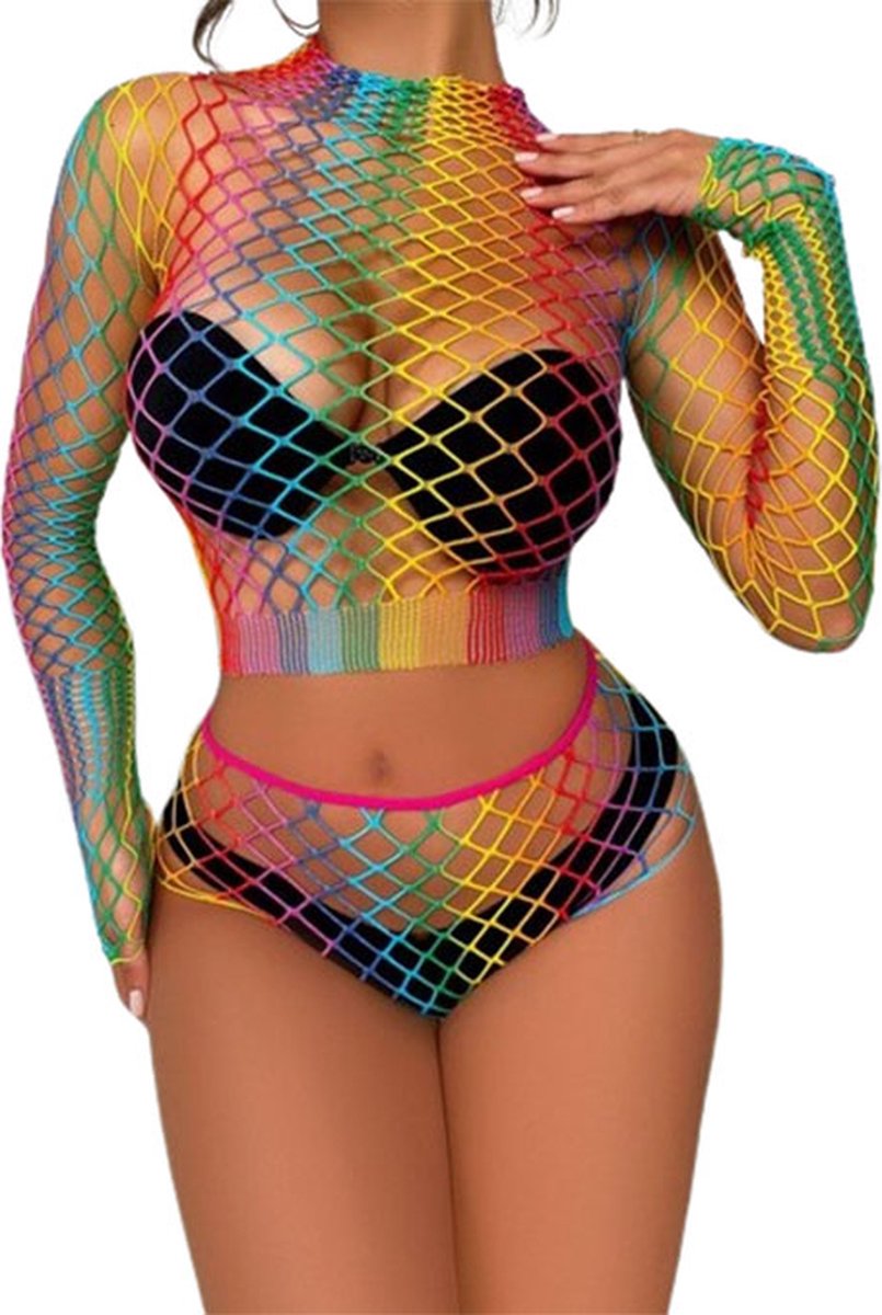 Goedkoopste Cover-up Rainbow visnet Topje en Short - Sexy kleding voor haar - Regenboog outfit - Erotisch lingerie setje - Festival - Thema - Rollenspel