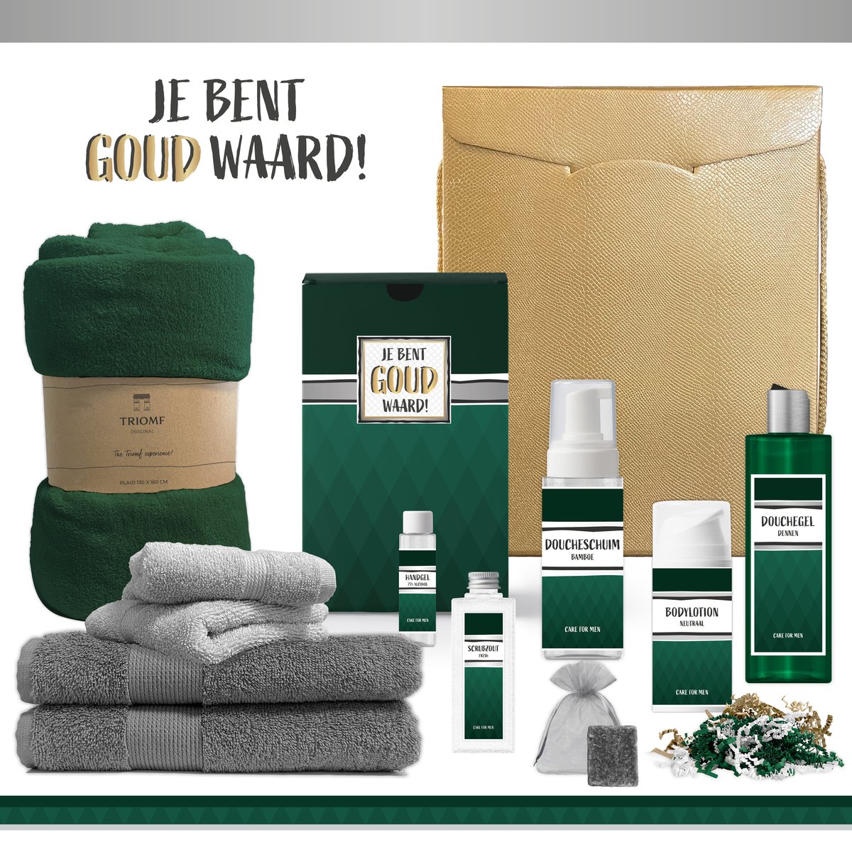 Goedkoopste Geschenkset Je Bent Goud Waard! - 11 Producten - 1740 Gram | Cadeau Man - Luxe Cadeaubox voor hem - Giftset Vriend - Cadeaupakket Collega - Kerst Cadeau - Gift Werknemer - Relatie Geschenk - Vader Vaderdag - Kerstpakket Kerst - Groen Goud