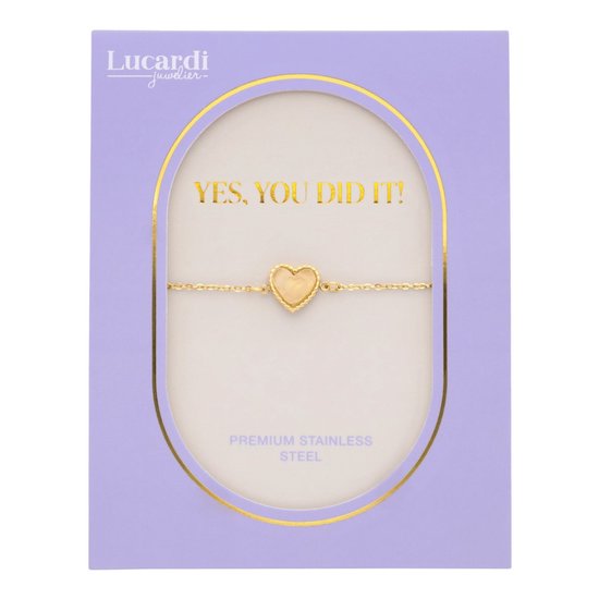 Lucardi Dames Geslaagd cadeau - Stalen goldplated armband met rozenkwarts op kaartje - Armband - Staal - Goudkleurig - 20 cm