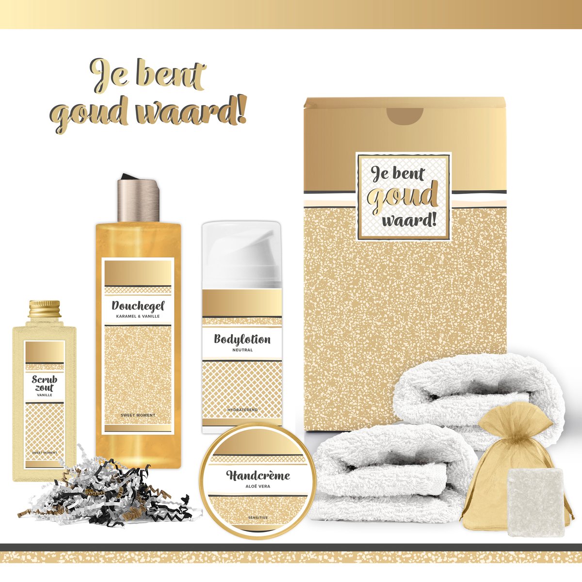 Goedkoopste Geschenkset “Je bent goud waard!” - 7 producten - 550 gram | Luxe Cadeaubox voor haar - Wellness Pakket Vrouw - Giftset Vriendin - Moeder - Cadeaupakket Collega - Cadeau Zus - Verjaardag Oma - Moederdag - Kerstpakket - Kerst Cadeau - Goud