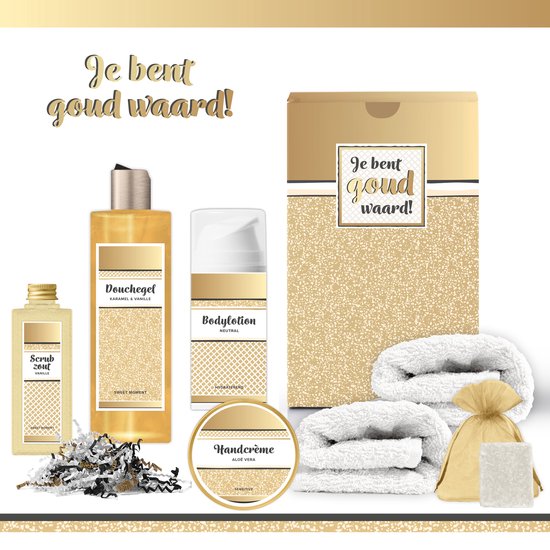 Foto: Geschenkset je bent goud waard 7 producten 550 gram luxe cadeaubox voor haar wellness pakket vrouw giftset vriendin moeder cadeaupakket collega cadeau zus verjaardag oma moederdag kerstpakket kerst cadeau goud